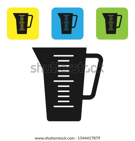 Black Measuring cup to measure dry and liquid food icon isolated on white background. Plastic graduated beaker with handle. Set icons colorful square buttons. Vector Illustration