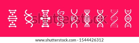 Set of DNA icons. Life gene model bio code genetics molecule medical symbols. Structure molecule, chromosome icon. Pictogram of Dna vector, genetic sign, elements and icons collection. Royalty-Free Stock Photo #1544426312