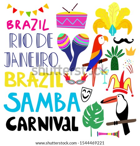 Hand drawn vector illustration on a Brazilian carnival theme. Brazil, Rio de Janeiro, Carnival lettering on a white background. Bright elements in doodle style arround. Template for print, posters