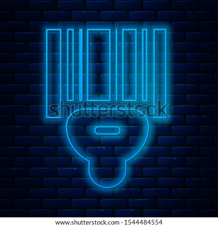 Glowing neon line Scanner scanning bar code icon isolated on brick wall background. Barcode label sticker. Identification for delivery with bars.  Vector Illustration