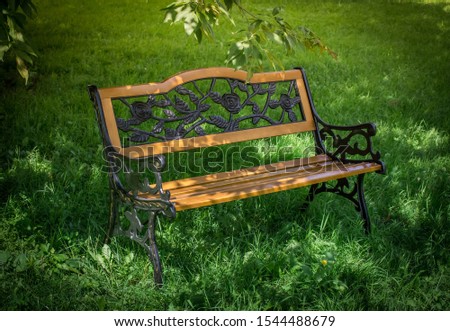 A beautiful bench stands on a green lawn in the Park.