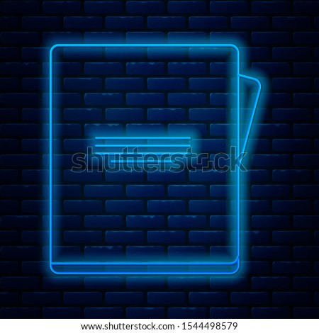 Glowing neon line Notebook icon isolated on brick wall background. Spiral notepad icon. School notebook. Writing pad. Diary for school.  Vector Illustration