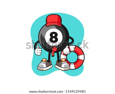 Billiard ball number 8 beach lifeguard cartoon. Mascot Character vector.