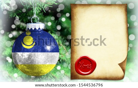 Christmas and New Year background with a flag of Buryatia. There is a place for your text in the photo