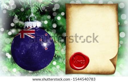 Christmas and New Year background with a flag of New Zealand. There is a place for your text in the photo