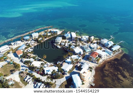 Aerial view of famous bridge and islands in the way to Key West, Florida Keys, United States. Great landscape. Vacation travel. Travel destination. Tropical scenery.