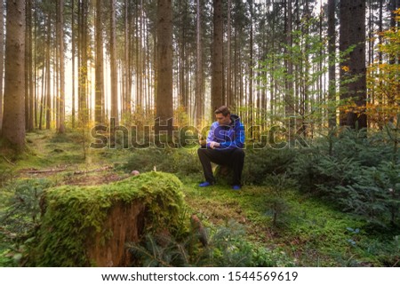 In the middle of a green forest, a man sits on a trunk and is using his smartphone while the sun is shining bright.