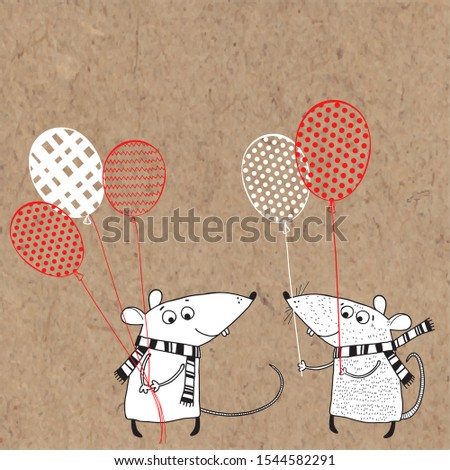 Cute rats  with balloon. Cartoon vector characters on kraft paper. Isolated elements for design. Animal symbol of new year 2020.
