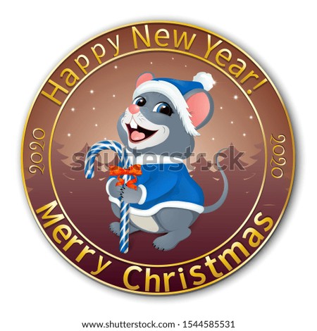 Congratulatory golden stamp - Merry mouse in a blue Santa costume. Holds candy in his paws. The symbol of the New Year on the Chinese calendar. Separate on a white background. Vector.