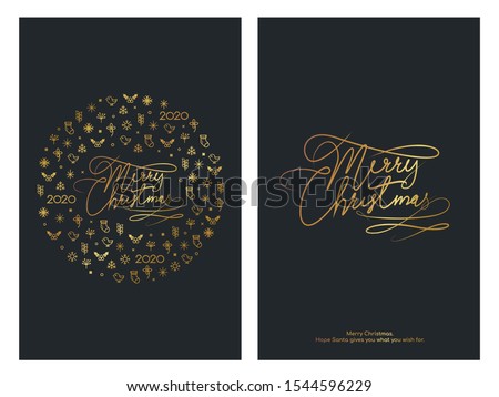 Christmas background with golden icons elements. Vector design layout template for Merry Christmas card illustration on black background.
