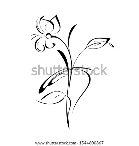 decorative twig with one stylized flower, large leaves and curls in black lines on a white background