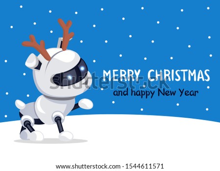 Merry Christmas and happy New Year, banner and robotic metal dog wearing horns of reindeer, snowflakes and cold weather raster illustration