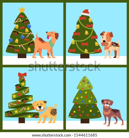 Festive cards on green background, merry wishes Happy New Year from dotted puppies under Christmas trees set raster illustration postcards with dogs