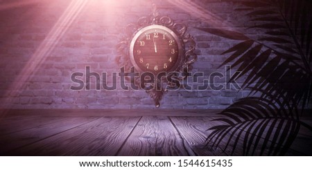 Dark night scene indoors, room. Old brick wall, neon light, rays, highlights and shadows. Clock on the wall. Night view. Magical fantasy.