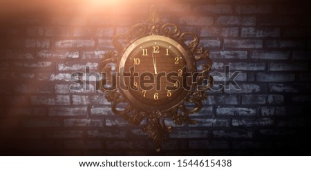 Dark night scene indoors, room. Old brick wall, neon light, rays, highlights and shadows. Clock on the wall. Night view. Magical fantasy.