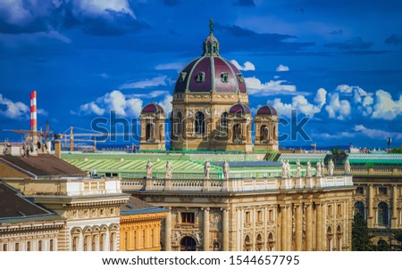 Skyline with Kunsthistorisches Museum of Art History in Old city center in Vienna in Austria. Wien in Europe. Panorama, cityscape. Travel and tourism view. Building landmark. Austrian town In summer.