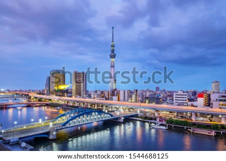 Cityscape of Tokyo skyline, panorama view of office building at Sumida river in Tokyo in the evening. Japan, Asia. 