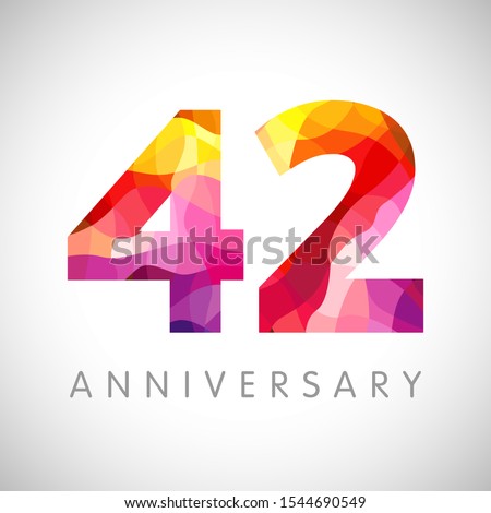 42 nd anniversary numbers. 42 years old yellow coloured logotype. Age congrats, congratulation 3D idea. Isolated abstract graphic design template. Creative 2, 4 digits. Up to 42% percent off discount.
