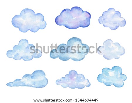 Watercolor set of clouds isolated on white background.