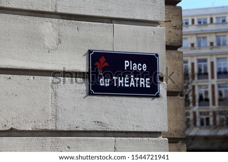 Rue du Theatre. (Street Theater). Name plate of street. Lille. France.