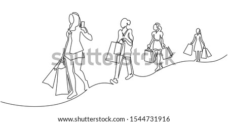 Continuous one line drawing women with shopping bags in their hands. Fashion girls on New Year's sale walking down the street. Female friend shoppers vector clip art isolated on white background