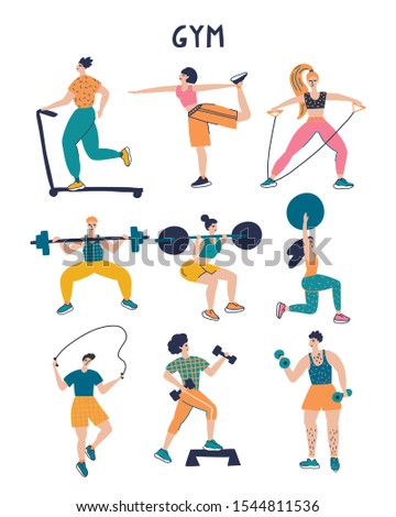 Vector collection with cartoon people in sportswear. Cute illustration of people doing exercise. Lifestyle infographics, mental and physical benefits of practice.