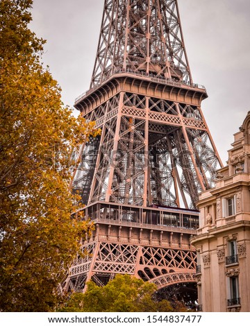 The Eiffel Tower with some autumn trees.
