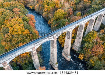 Drone shoot over Pontcysyllte Aqueduct crossing above the River Dee  at autumn in Wales, UK Royalty-Free Stock Photo #1544839481