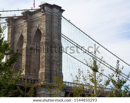 Brooklyn bridge detail with blue sky. New York City, Manhattan.