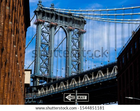 Detail of the upper part of the Brooklyn Bridge. New York City, Manhattan.