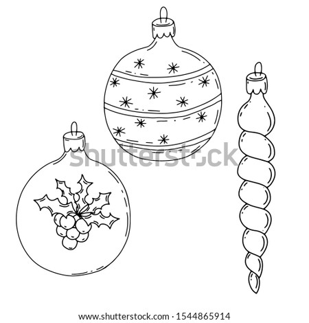 Set of 3 Christmas tree toys. collection in the style of Doodle. Black and white vector illustration. Hand drawn toy with Holly front, spiral toy and toy with snowflakes and lines