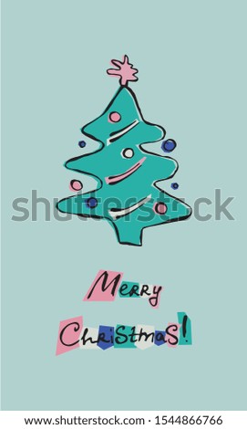 Christmas tree. Hand drawn color doodle illustration retro style. EPS 10 vector