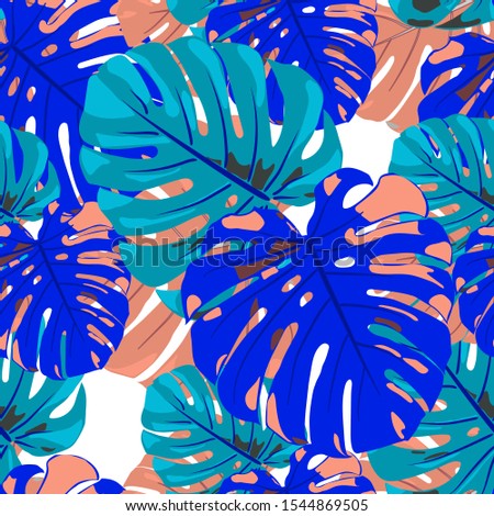 Seamless Pattern with Hawaiian Jungle. Trendy Colorful Texture with Tropical Leaves for Fabric, Textile, Linen. Vector Tropical Pattern.