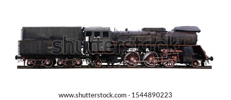 Panoramic shot of an old abandoned, rusty locomotive isolated on white background Royalty-Free Stock Photo #1544890223