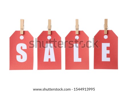 Inscription Sale on price tags isolated on white background