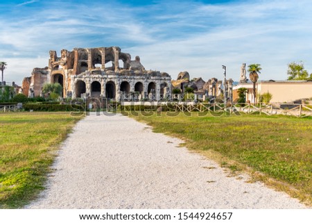 The ruins of the Roman amphitheater located in the Ancient Capua, Caserta, Southern Italy. The second biggest roman amphitheater in Italy