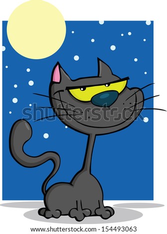 Black Cat In The Night Cartoon Illustration