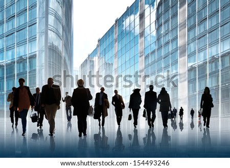 A large group of business people. Silhouettes.