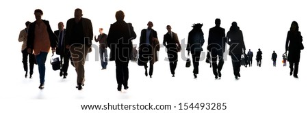 A large group of business people. Silhouettes. White background.