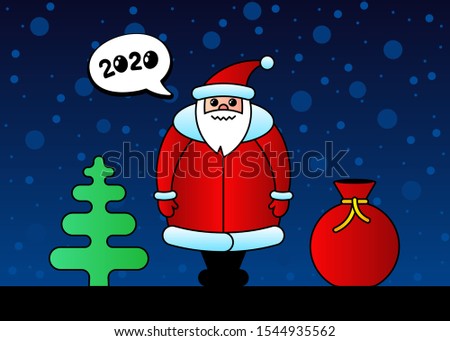 Cute cartoon funny kawaii Santa Claus red character for Christmas and Happy New year celebration. Gift bag spruce and snow at night sweet winter holiday greeting card. Vector inspiration illustration