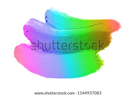 Smear and texture of lipstick or acrylic paint isolated on white background. Stroke of lipgloss or liquid nail polish swatch smudge sample. Element for beauty cosmetic design. Rainbow color