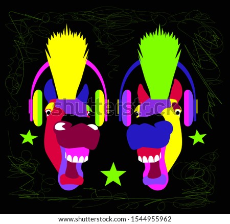 Horse head cartoon with mohawk and headphones, neon vivid colors