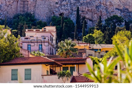Athens Greece, colorful houses at Plaka old neighborhood on the cliff of Acropolis hill