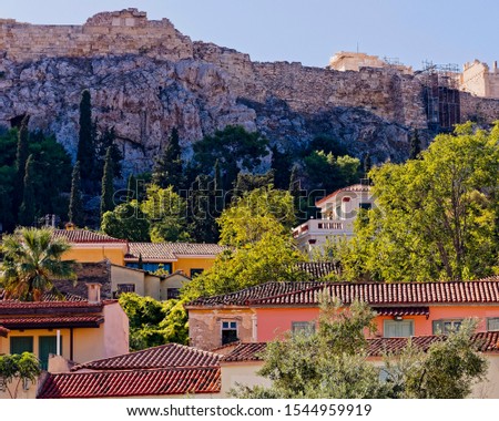 Athens Greece, colorful houses at Plaka old neighborhood on the cliff of Acropolis hill