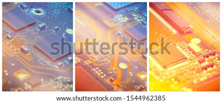 Collage, three closeups on electronic motherboard card in hardware repair shop. Details of the circuitry and close-up on electronics. Filtered picture toned in orange and blue, copy-space