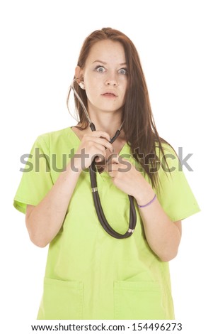 A nurse holding a stethoscope is shocked.