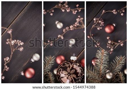 Christmas collage with background with shiny floral garland and Christmas baubles on dark wooden table