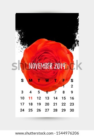 Remembrance Day Calendar Page. Red Poppy flower - International symbol of peace. November month. Memorial banner, poster, flyer layout, brochure, frame, web header. Black messy grunge texture. Vector