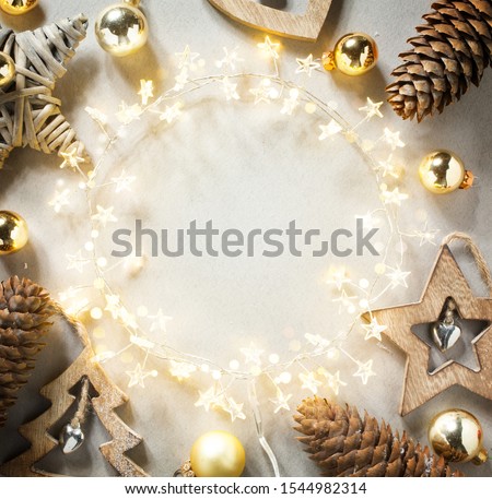 Christmas Tree Light garland and Christmas Decoration on White Background; Merry Christmas and happy New Year greeting Card or holiday banner


