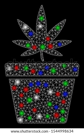 Bright mesh cannabis pot with glow effect. White wire carcass triangular network in vector format on a black background. Abstract 2d mesh designed with triangular lines, points, colored flare spots.